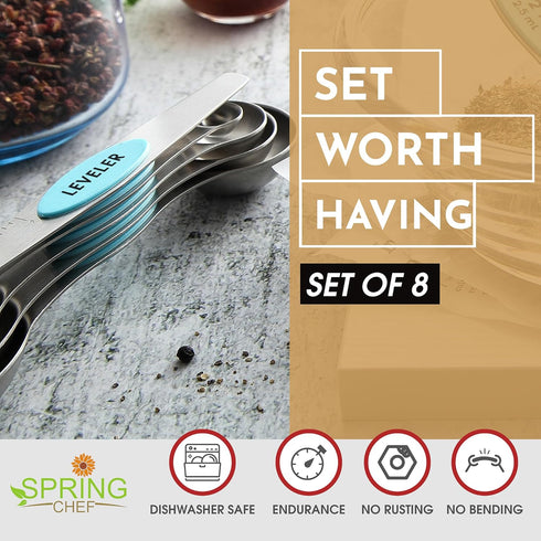 Spring Chef Stainless Steel Magnetic Measuring Spoons Set of 8 with Leveler, Nesting Metal Teaspoon & Tablespoon Measuring Spoons, Fits in Spice J...