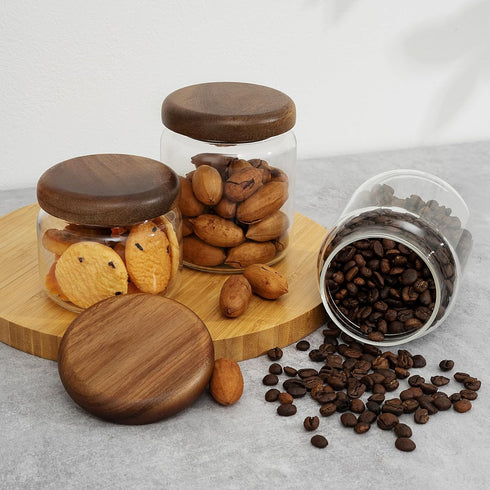 1 PC Small Glass Storage Jars with Airtight Lids, 10 fl oz (300ml) coffee container with Wooden Lid, Glass Pantry Canister for Beans, Rice, Sugar ...