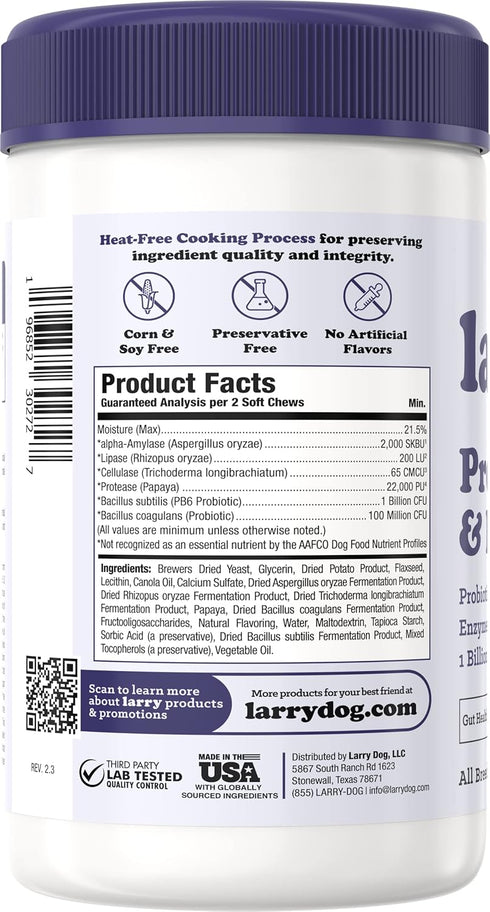 Dog Probiotics and Digestive Enzymes by Larry | 1 Billion CFUs of Probiotics for Dogs | Digestion, Bowel Support, & Gut Health for Dogs | Probioti...