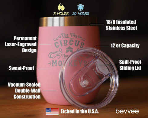 Not My Circus Not My Monkeys - Wine Tumbler with Sliding Lid - Stemless Stainless Steel Insulated Cup - Funny Retirement Gifts - Pink...