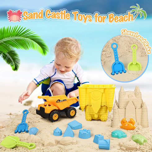 Beach Toys Sand Toys for Kids, Sand Castle Toys for Beach with Dump Truck, Sand Castle Bucket, Sand Molds, Shovel and Rake, Sandbox Toys for Toddl...