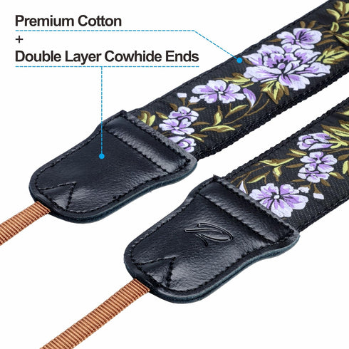 Padwa Lifestyle Purple Flower Camera Strap - 2" Double Layer Cowhide Head Camera Straps for Photographers?Adjustable Neck & Shoulder Vintage Jacqu...