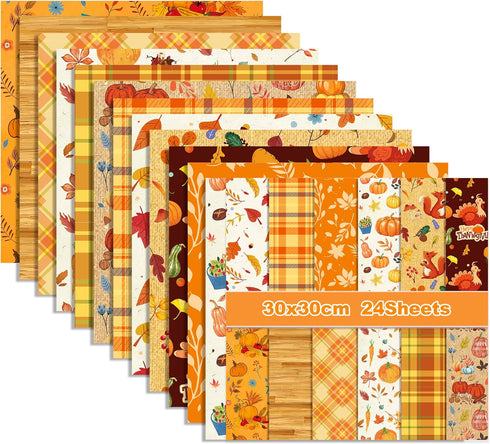 24 Sheet Scrapbook Paper Pad Thanksgiving Theme, 12’’x12’’ Double-Sided Decorative Craft Paper Fall Pattern Paper Pack of Scrapbooking Patterned C...