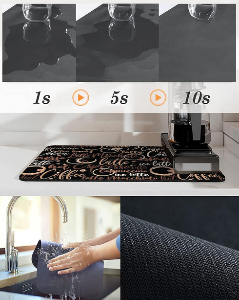 Coffee Bar Mat Accessories for Countertop Absorbent Hide Stain Rubber Backed Dish Drying Mats for Kitchen Counter Draining Pad Decor Gift Fit Unde...