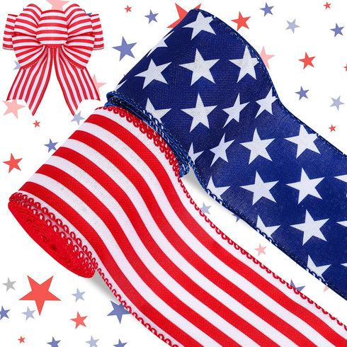 Whaline Patriotic Wired Edge Ribbon 2 Rolls Stars Stripes Craft Ribbon 4th of July USA Flag Fabric Ribbon for Independence Day Memorial Day Wreath...
