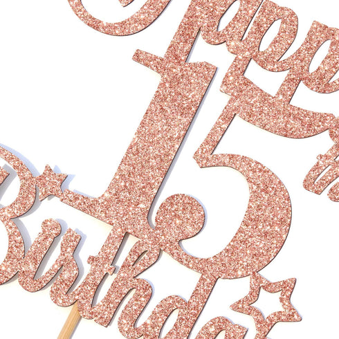 Happy 15th Birthday Cake Topper, Cheers to 15 Years, Hello 15, 15th Birthday Anniversary Party Decorations Rose Gold Glitter....
