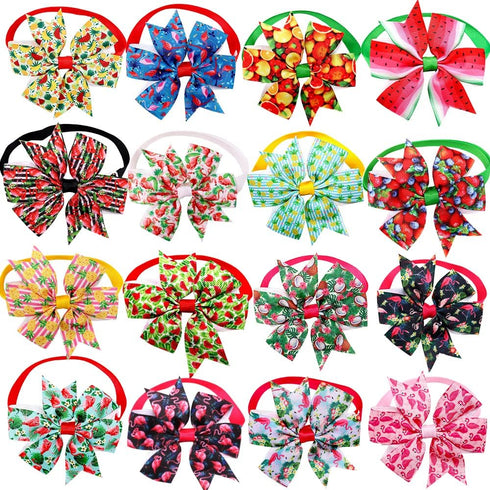 32pcs Summer Dog Collar Bow Ties, Bulk Adjustable 16pcs Small Dog Bow Ties and 16pcs Dog Neck Ties, Hawaii Fruit Dog Collar Bowties for Small Medi...