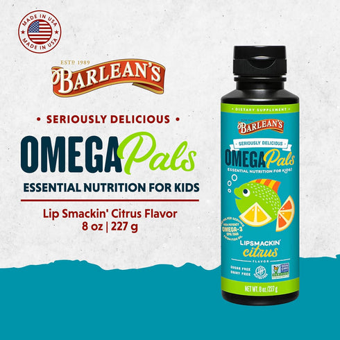 Barlean's Omega Pals Lipsmackin' Citrus Flavored Omega-3 for Kids, Yummy Children's Liquid Fish Oil Supplement with 750 mg of EPA & DHA for Brain ...