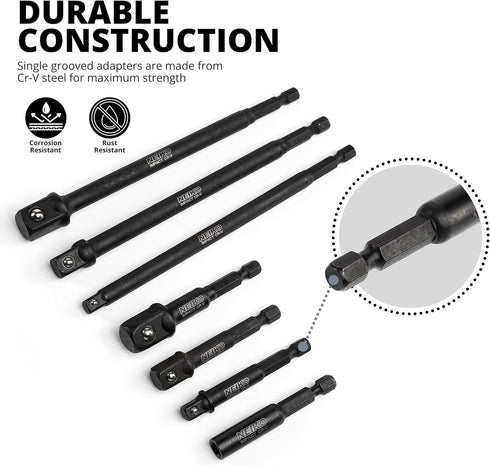 NEIKO 00254A Impact Socket Adapter and Magnetic Bit Holder, 7-Piece Set, 1/4" Hex Shank with 1/4, 3/8, 1/2-Inch Drive, Socket Adapter Extension Se...