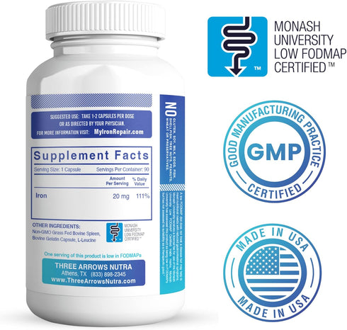 Iron Repair Simply Natural Iron Supplement, Best Absorption & Gentle on Stomach, Monash Low FODMAP, Raise Hemoglobin & Ferritin Iron Pills for Wom...