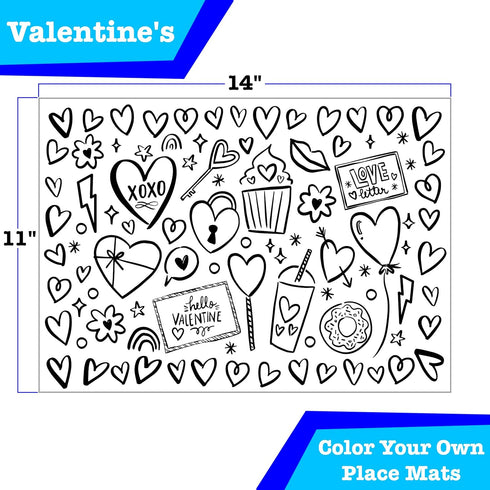 Iconikal Color-Your-Own 2-Sided Reversible Disposable Paper Place Mats, Valentine's, 14 x 10-inches, 22-Count...