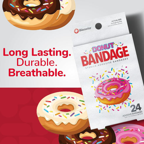 BioSwiss Bandages, Donut Shaped Self Adhesive Bandage, Latex Free Sterile Wound Care, Fun First Aid Kit Supplies for Kids, 24 Count...