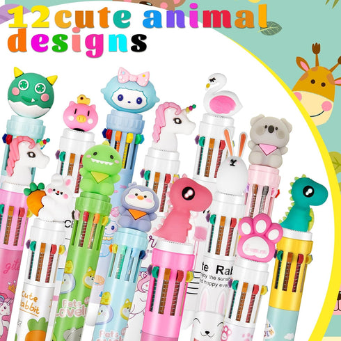 12 Pcs Multicolor Pens 10 in 1 Retractable Ballpoint Pens 0.5 mm Animals Ballpoint Pens Back to School Gift for Students Animal Shaped Design Shut...