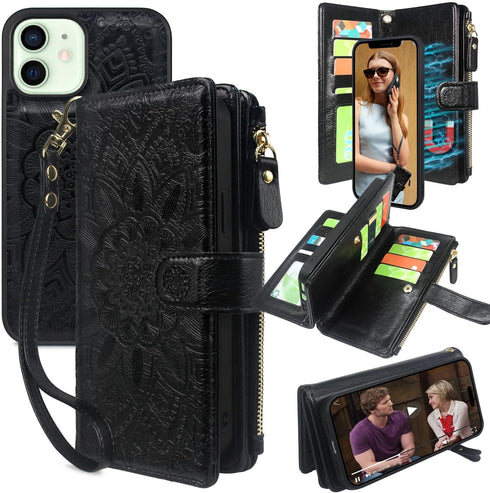Harryshell Compatible with iPhone 12 / iPhone 12 Pro Case Wallet Detachable Magnetic Zipper Leather Cash Pocket with 12 Card Slots Holder Wrist St...