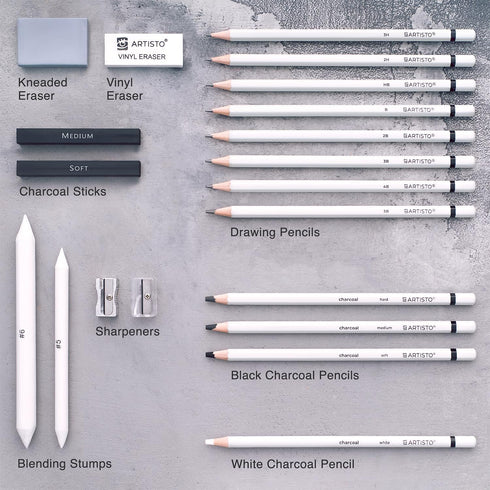 Artisto Drawing and Sketching Pencil Art Set (20 Items) - Complete Kit with Graphite Pencils, Charcoal Pencils, Sticks, Blending Stumps, Erasers, ...