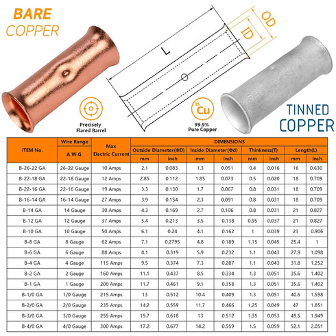 1 Gauge Butt Splice Connector 10 PCS 1 AWG Non-Insulated Butt Connectors Uninsulated Crimp Wire Connectors Pure Copper Tin Coated Marine Grade Cri...