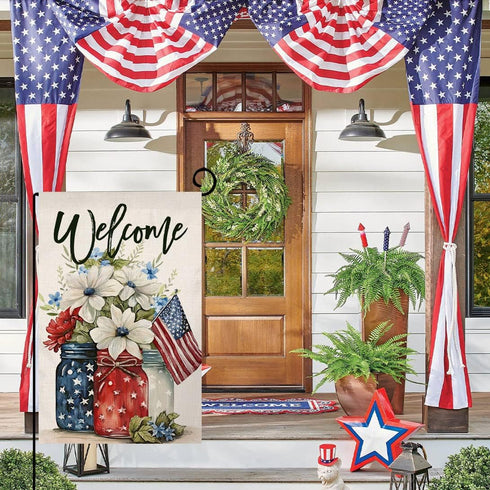 4th of July Floral Garden Flag 12x18 Vertical Double Sided Patriotic Mason Jar Flowers Red Blue Memorial Day Independence Day Holiday Outside Deco...