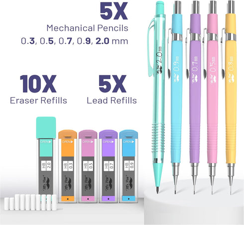Mr. Pen- Pastel Mechanical Pencil Set with Lead and Eraser Refills, 5 Sizes, 0.3, 0.5, 0.7, 0.9, 2mm, Mechanical Pencils for Drawing and Sketching...