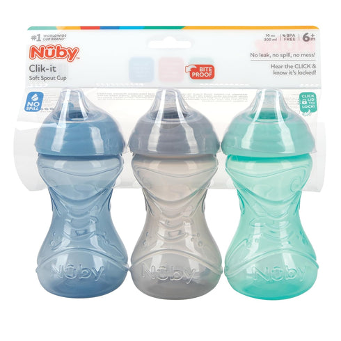 Nuby Clik-It Soft Spout No-Spill Easy Grip Sippy Cup - (3-Pack) 10 Oz - 6+ Months - Neutral...