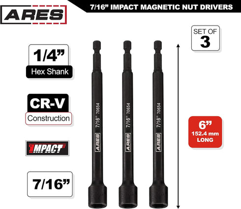 ARES 27010-3-Piece 7/16-Inch Magnetic Impact Nut Driver Bit Set - 6-Inch Length - Impact Grade Nut Setters with Industrial Strength Magnets...