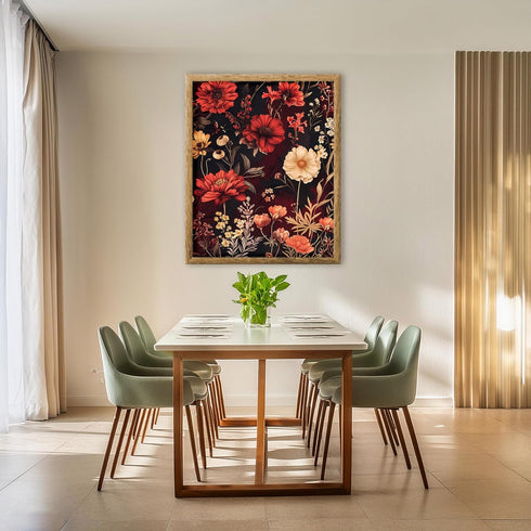 Posterizer 1 pcs-vibrant coral red , beige flowers-red background-Floral & Botanical Art-Abstract & Modern Art-Decor for Home & Office- UNFRAMED W...