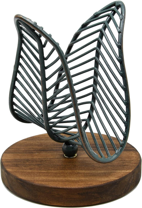 OwlGift Freestanding Modern Napkin Holder w/Golden Turquoise Wrought Iron Leaf & Brown Wooden Base Design, Tabletop Tissue Dispenser, Napkin Stora...