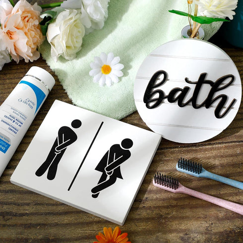 Jetec 2 Pcs 3D Bathroom Signs Decor Farmhouse Bathroom Shelf Decor Rustic Funny Wooden Unisex Round Shiplap Restroom Signs for Guest Modern Busine...