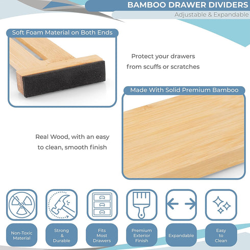Adjustable Bamboo Drawer Dividers, Large 17"-22", Expandable Long Drawer Organizers and Separators for the Kitchen, Dresser, Bedroom, Bathroom, Of...