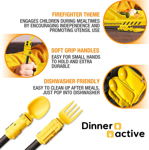 Dinneractive Utensil Set for Kids – Yellow Firefighter Themed Fork and Spoon for Toddlers and Young Children – 2-Piece Set...