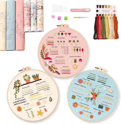 REEWISLY 3p of Embroidery kit with Patterns and Instructions, DIY Adult Beginner Cross Stitch Kits, Including 1 Plastic Embroidery Hoop, 1 Pair of...
