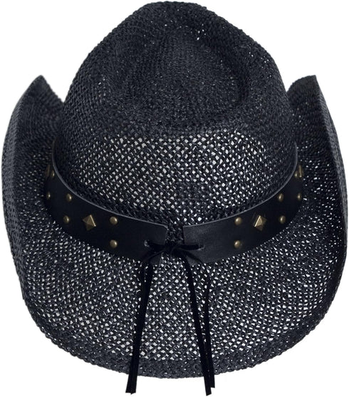 Black Straw Cowboy Hat for Men, Faux Leather, Longhorn, Shapeable Brim...