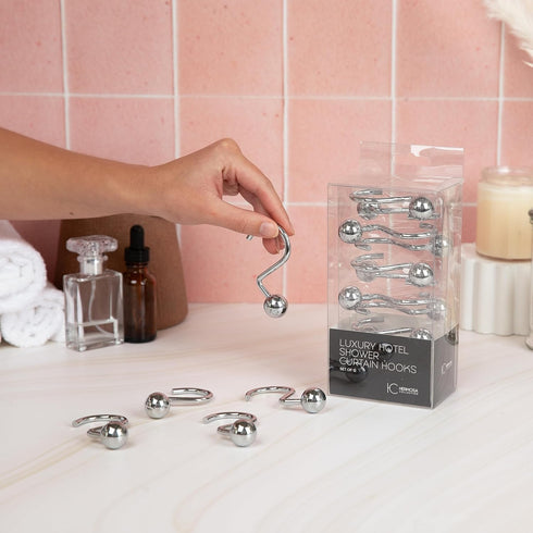 Luxury S Shower Curtain Hooks (12-Pack) Hotel Quality Silver Chrome Finish | Bathroom Accessories | Non-Slip Ball End | Easy to Hang...