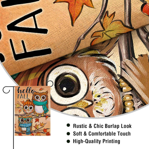 Hello Fall Owls Small Decorative Garden Flag, Autumn Maple Leaves Farmhouse Seasonal Yard Lawn Outside Decor, Thanksgiving Burlap Outdoor Home Dec...