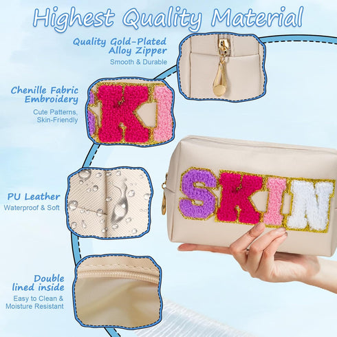 2 Pcs Preppy Makeup Bag, SKIN STUFF Chenille Letter Preppy Makeup Bag, Large Capacity Daily Use & Travel Skincare Bag, Waterproof PU Leather Perso...