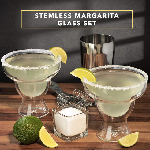 Dragon Glassware Margarita Glasses - 12 oz Clear Double Wall Stemless Margarita Glasses Set of 2 - Insulated Barware Set to Keep Beverages Hot or ...