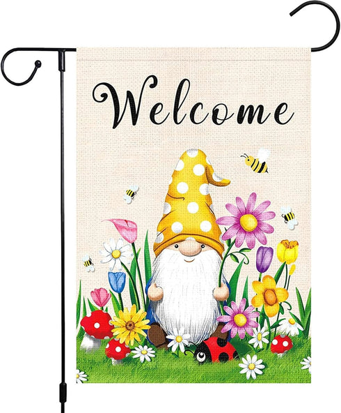 Welcome Gnome Flowers Garden Flag 12 x 18 Inch Double Sided Floral Bee Garden Flag(A)...