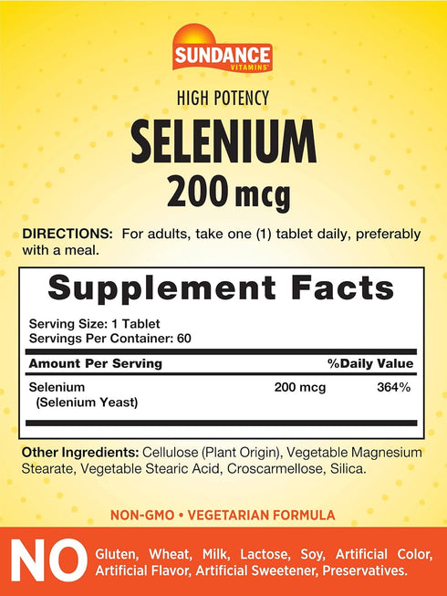 Selenium 200mcg | 60 Tablets | High Potency Formula | Vegetarian, Non-GMO, and Gluten Free Essential Mineral Supplement | By Sundance...