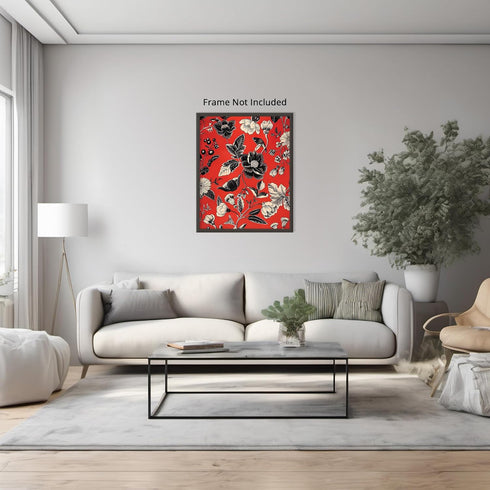 Posterizer 1 pcs-dainty black and white flowers with red background-Floral & Botanical Art-Abstract & Modern Art-Decor for Home & Office- UNFRAMED...