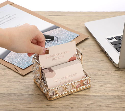 Hipiwe 2 Tiers Crystal Business Card Holder Stand Gold Mirrored Business Card Display Stand Organizer Desktop Business Card Storage Holder for Off...