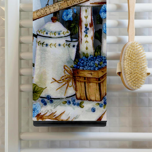 3D Rose Garden Chair and with Pretty Blue Flowers and Tea Pot-and Basket of Blueberries Towel, 15" x 22", Multicolor...