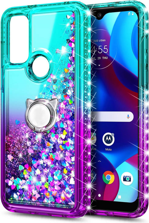 NZND Case for Motorola Moto G Pure/Moto G Play 2023/ Power 2022 with Tempered Glass Screen Protector, Ring Holder/Wrist Strap, Glitter Floating Li...