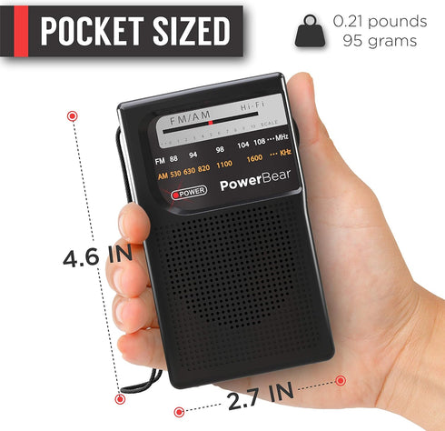 PowerBear Portable Radio | AM/FM, 2AA Battery Operated with Long Range Reception for Indoor, Outdoor & Emergency Use | Radio with Speaker & Headph...