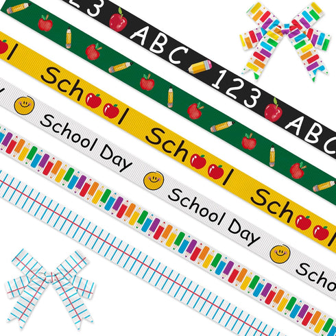 6 PCS Back to School Ribbons for Crafting, 3/8" Width Grosgrain Ribbon Yellow Green Ribbon Preschool Apples ABC Craft Ribbons for Kindergarten Dec...