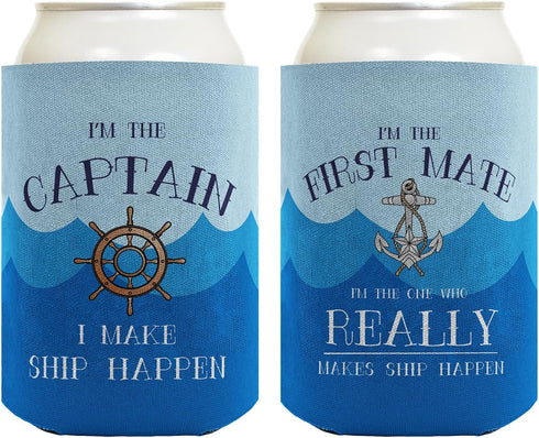 Funny Boating Gifts Captain First Mate Ship Happen Bundle 2 Pack Can Coolie Drink Coolers Coolies Waves...
