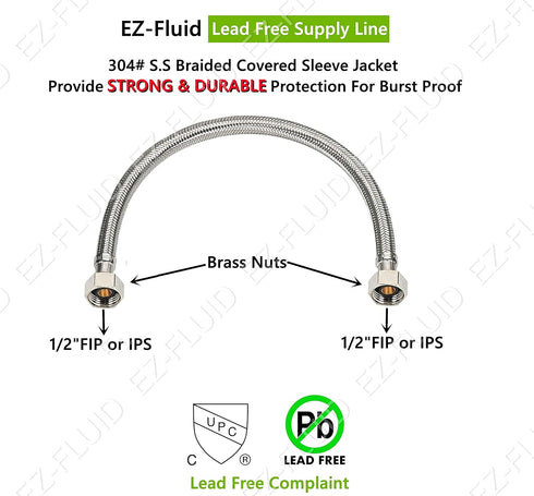 EZ-Fluid 16-Inch 1/2" FIP X 1/2" FIP Stainless Steel Braided Faucet Supply Line Connector,Faucet Water Supply Hose Connector Lines Facuet Water Su...