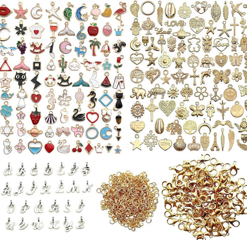 CellLuck 200Pcs Mixed Gold Plated Enamel Charms for Jewelry Making - Also Includes 52Pcs Letter Pendants, 400Pcs Jump Rings and 100Pcs Lobster Cla...