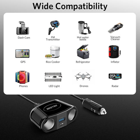 BESTEK Cigarette Lighter Splitter Adapter - 150W Car Charger Adapter with 2-Socket Dual 12v Splitter QC3.0 DC Cigarette Outlet and USB-C PD30W Car...