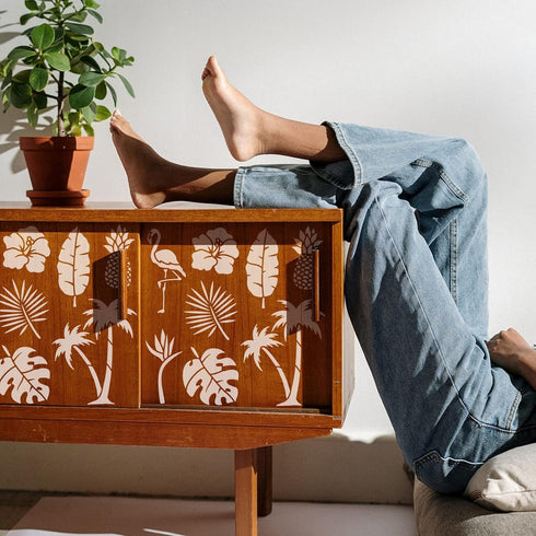 FINGERINSPIRE Tropical Coconut Tree Stencil 11.8x11.8inch Reusable Tropical Leaves Pineapple Flamingo Flower Pattern Template Animal Plant Theme S...