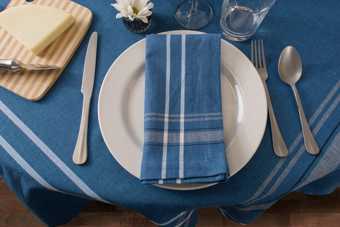 DII French Stripe Dining Table Collection Farmhouse Style Tablecloth, 70 Inches Round, Blue Chambray...
