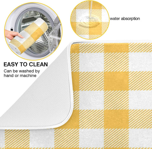 Qilmy Yellow Checked Dish Drying Mat for Kitchen Countertop, Absorbent Dry Mats for Dishes Draining Pad-18" x 24"...